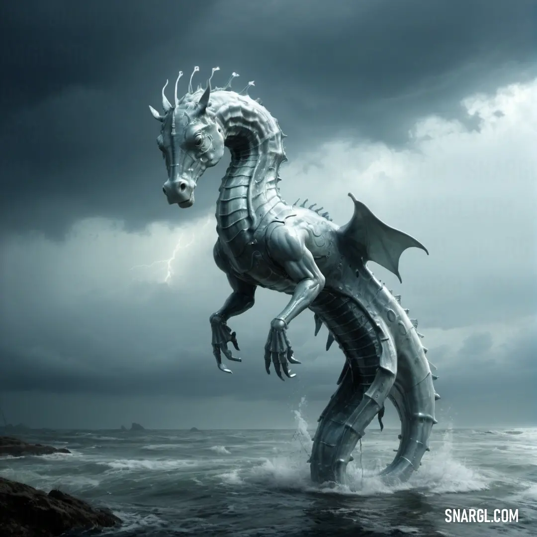 White Hippocampus standing in the ocean on a stormy day with lightning in the background and a dark sky