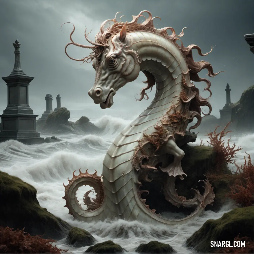 White Hippocampus statue on top of a rock covered hillside next to a body of water with a lighthouse in the background