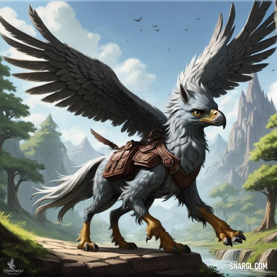 Hippogriff with a saddle on its back and wings spread out, with a mountain in the background