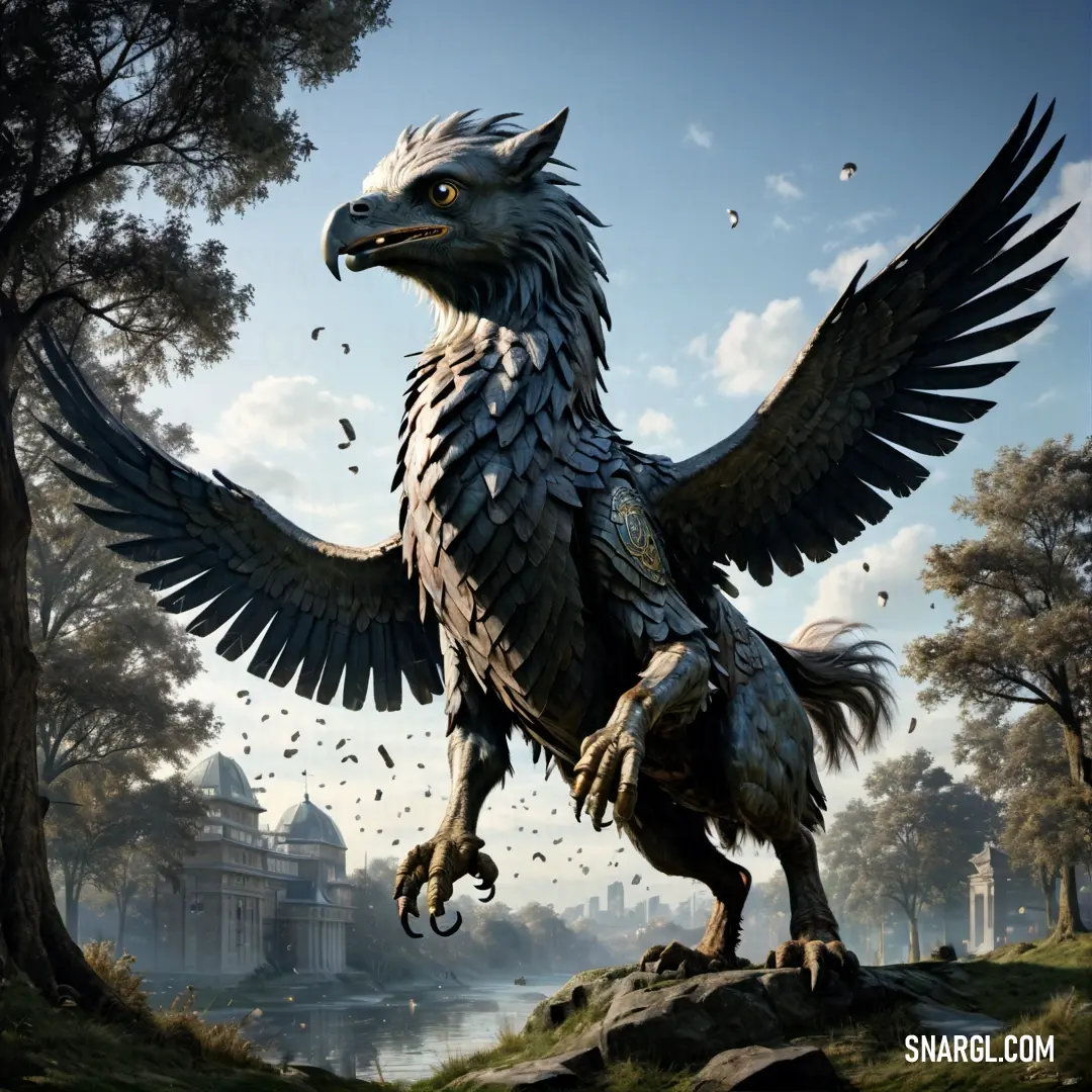 Hippogriff with wings spread out standing on a rock in a forest with a lake in the background