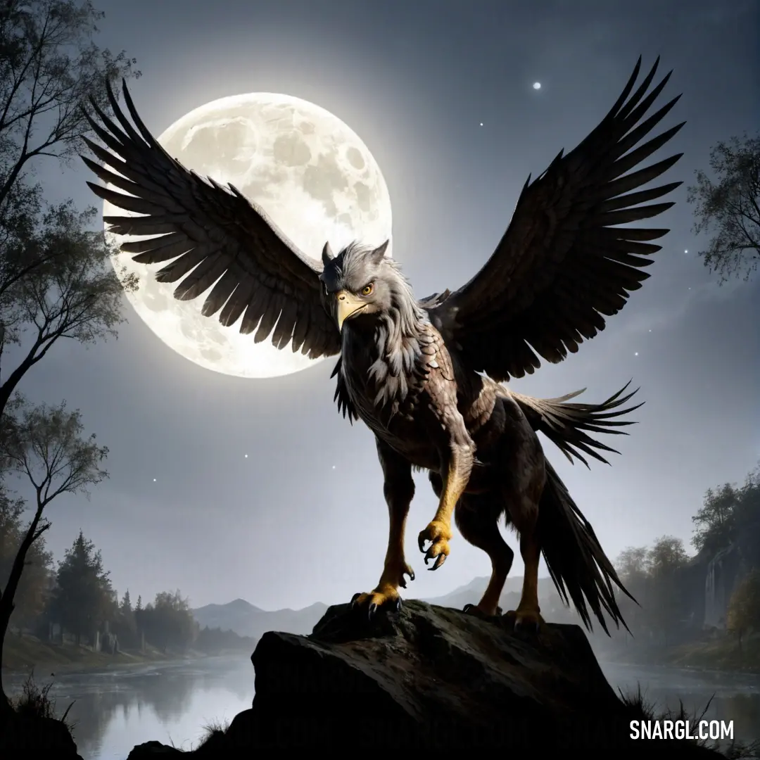 Hippogriff with wings spread standing on a rock with a full moon in the background