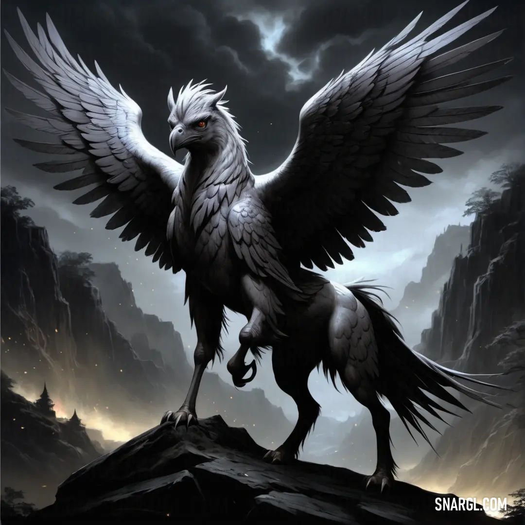 Bird with wings spread on a rock in the night sky with a mountain in the background and a dark sky with clouds