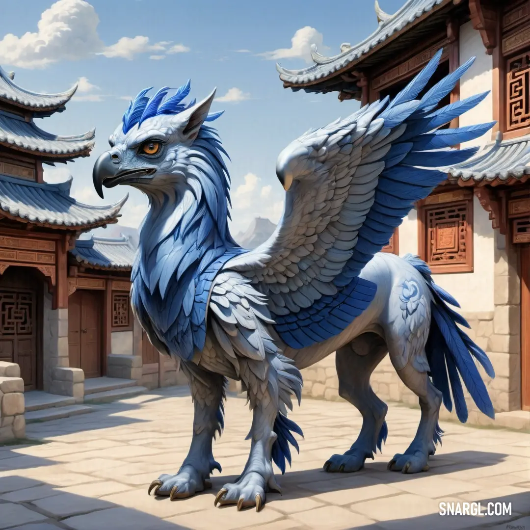 Blue Hippogriff statue in front of a building with a sky background