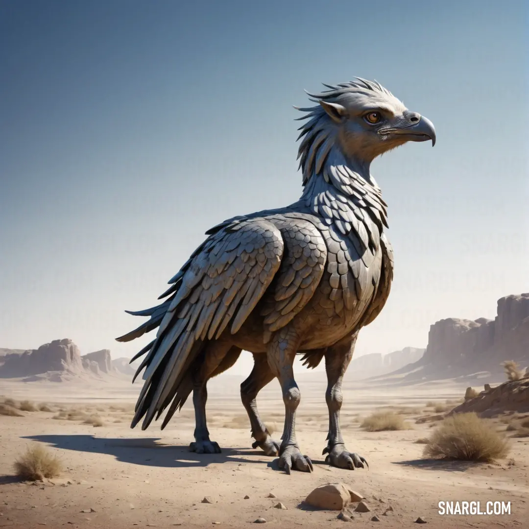 Large Hippogriff standing on top of a desert field next to a mountain range with a sky background