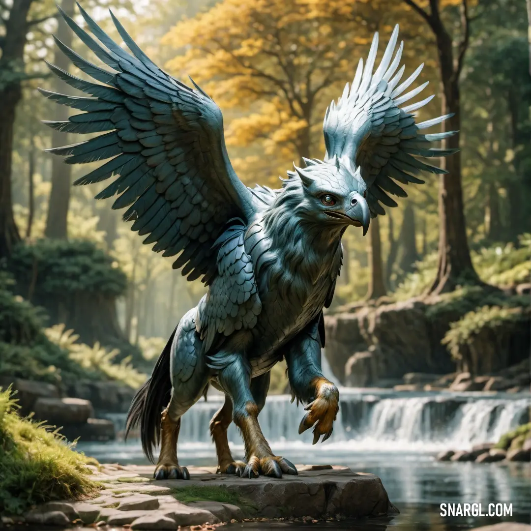 Statue of a Hippogriff with wings spread out on a rock in a forest with a waterfall in the background