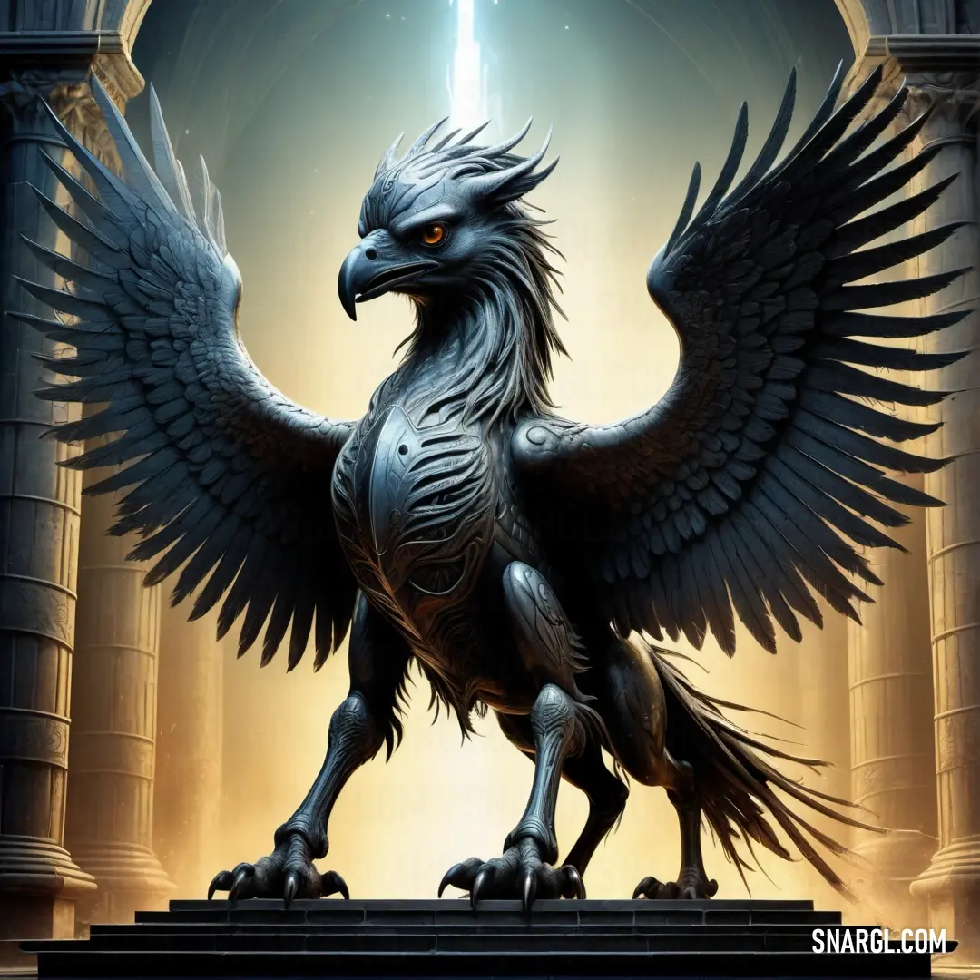 Statue of a Hippogriff with wings spread out and a sword in its mouth