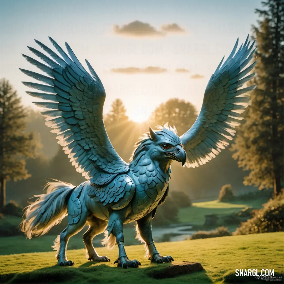 Statue of a Hippogriff with wings spread out in a field of grass with trees in the background