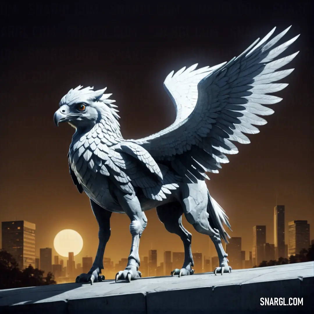 Statue of a Hippogriff with wings on a ledge in front of a city skyline at night with the sun setting