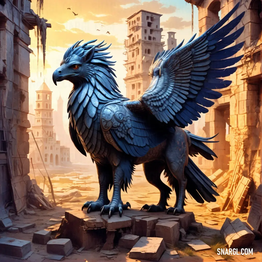 Statue of a bird with wings on a city street with ruins and buildings in the background