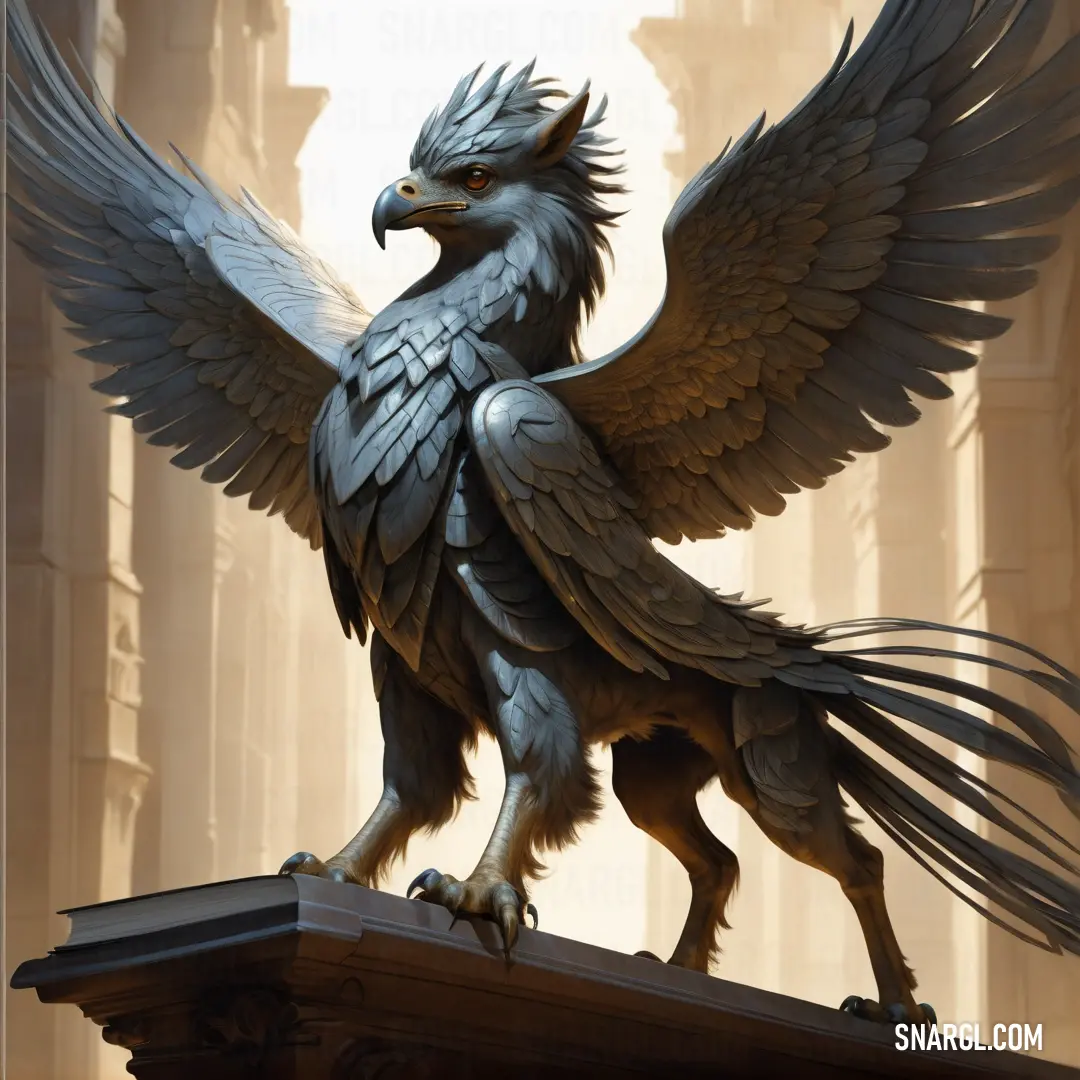 Statue of a Hippogriff with wings spread out on a ledge in front of a building with a clock tower