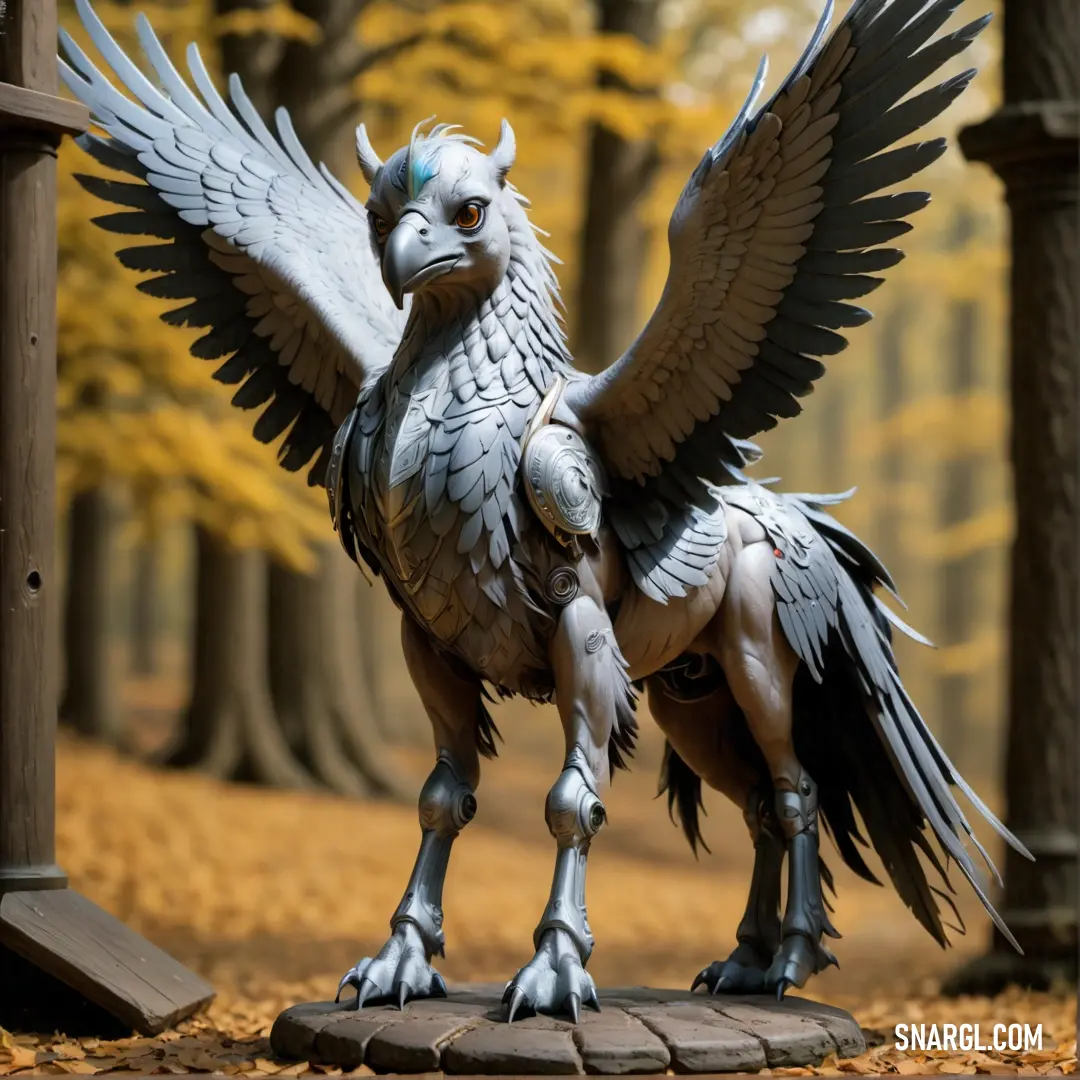 Statue of a Hippogriff with wings spread out in a park area with trees and leaves in the background