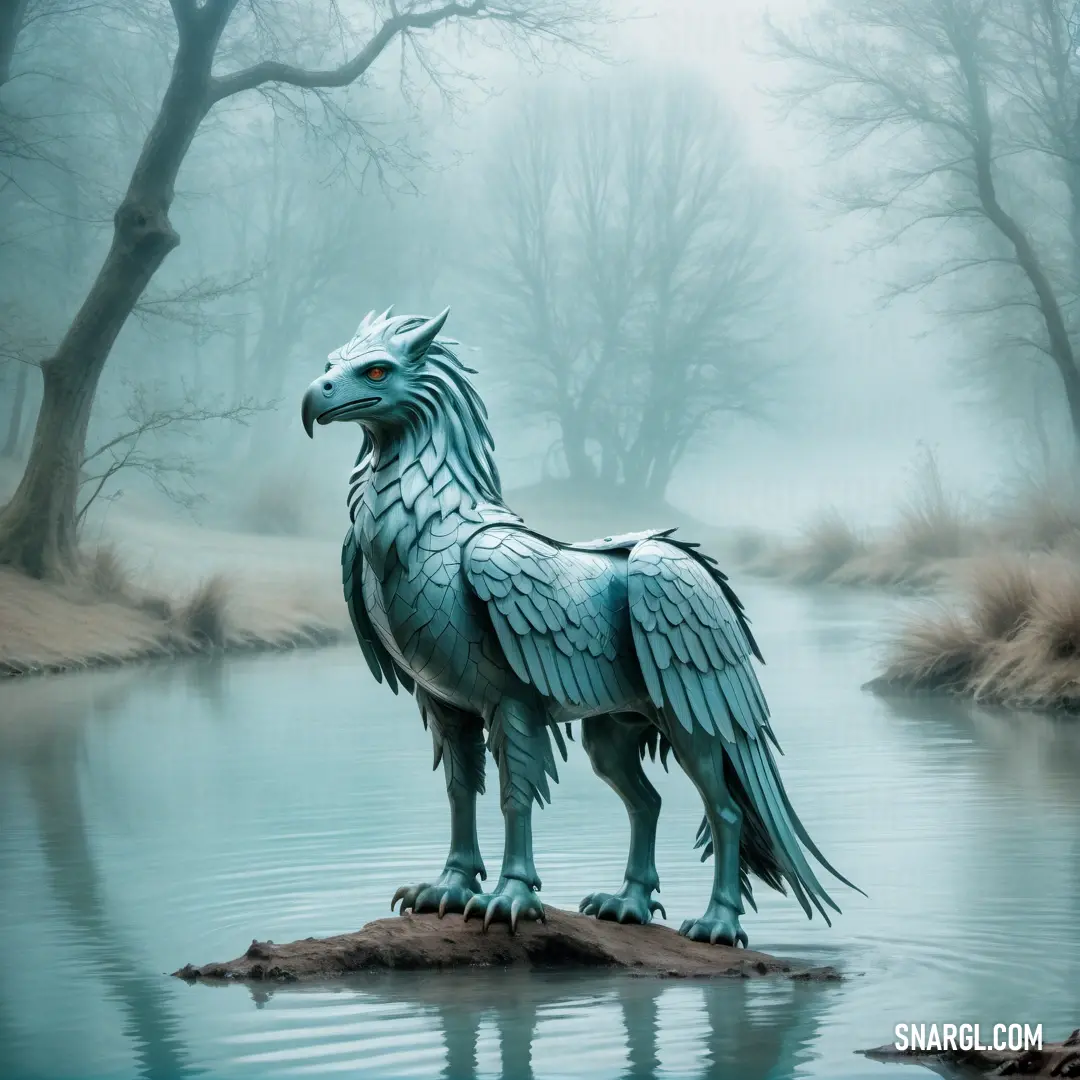 Statue of a bird standing on a rock in a river with trees in the background and foggy sky