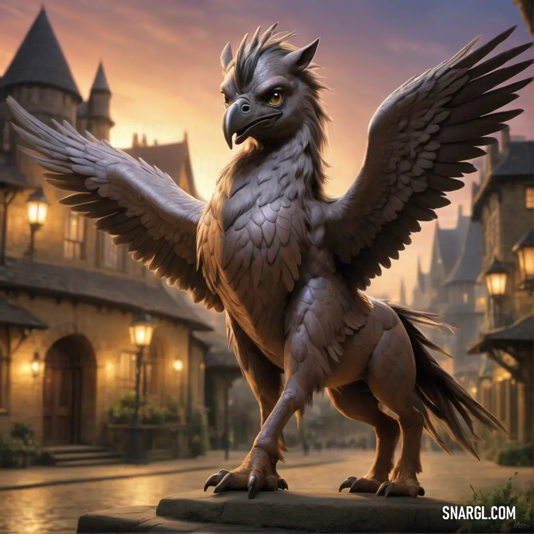 Statue of a bird with wings spread out in front of a castle like building at night with lights on