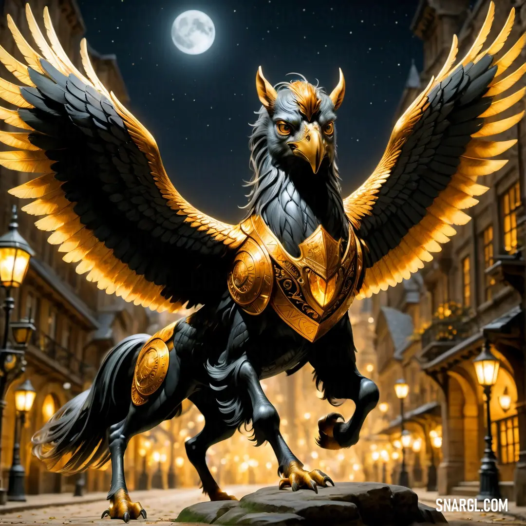 Statue of a winged Hippogriff on a city street at night with a full moon in the background