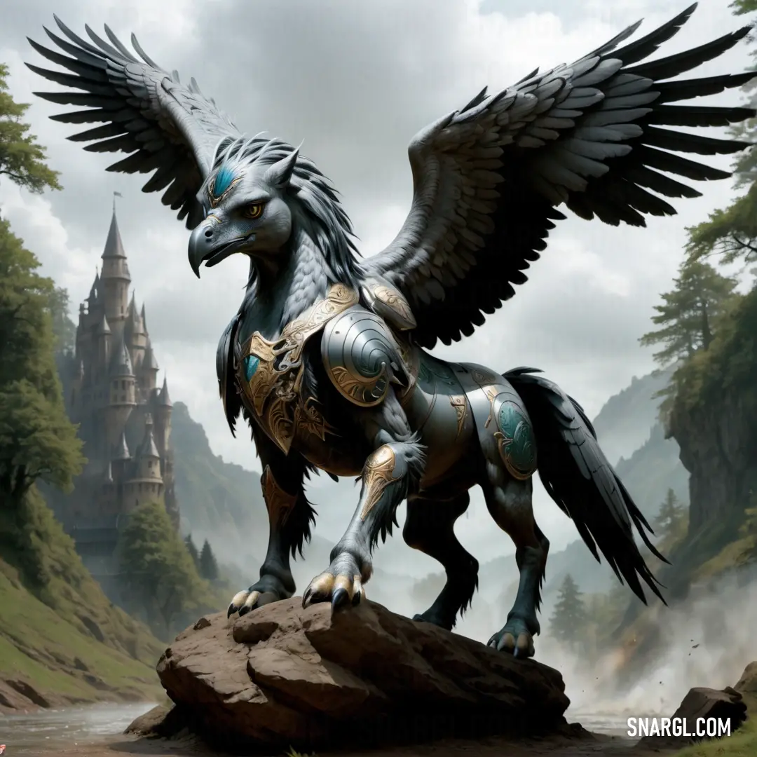 Statue of a winged horse on a rock in a fantasy setting with a castle in the background and a stream running through the foreground