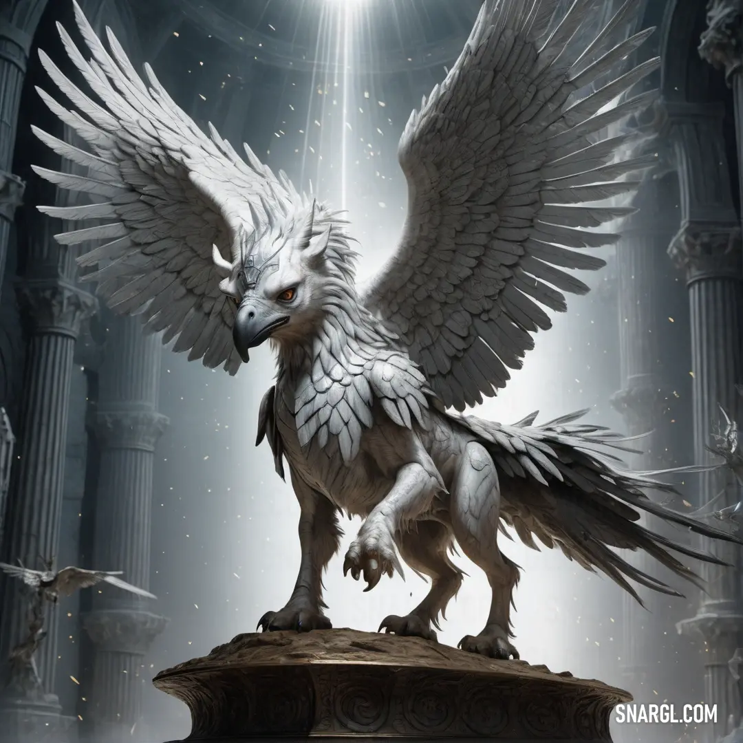 White Hippogriff with wings spread out on a pedestal in a dark room with columns