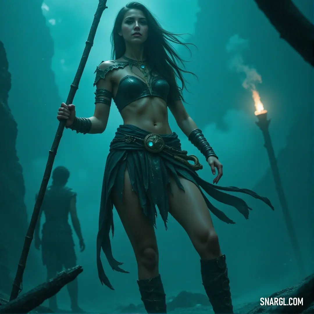 Hippolyta, staff in hand, surrounded by firelight in a cave Hippolyta, dressed in a bikini and leather outfit, holds a staff in a dark cave. Flames flicker in the background, casting dramatic shadows and emphasizing the mystique and power that radiates from her presence in the shadows.