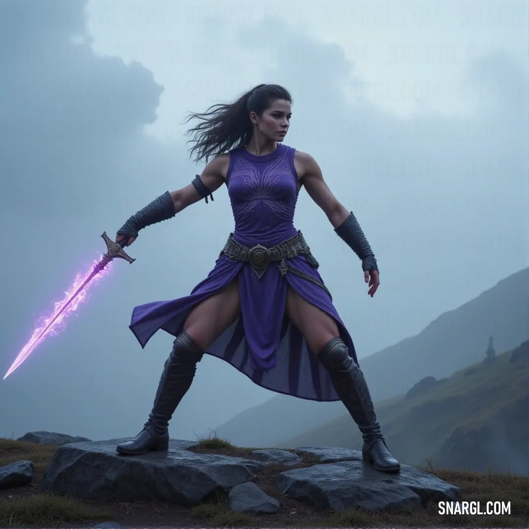 A warrior in purple, poised on a rock, ready to face any challenge with sword raised high amidst an expansive, mountainous landscape. A woman in a purple dress stands boldly on a rock in the middle of a sprawling field, her sword raised high against the backdrop of distant mountains.