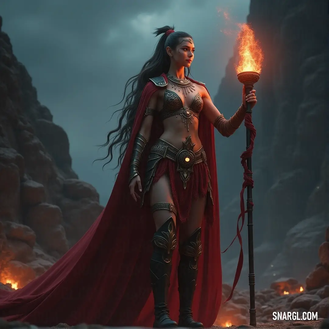 A figure in a red cape holds a flickering torch amidst rugged rocks, casting a warm glow that contrasts with the harsh surroundings. A woman in a red cape stands in a rocky, rugged landscape, holding a torch whose flame flickers brightly in the night, casting shadows against the jagged rocks around her.