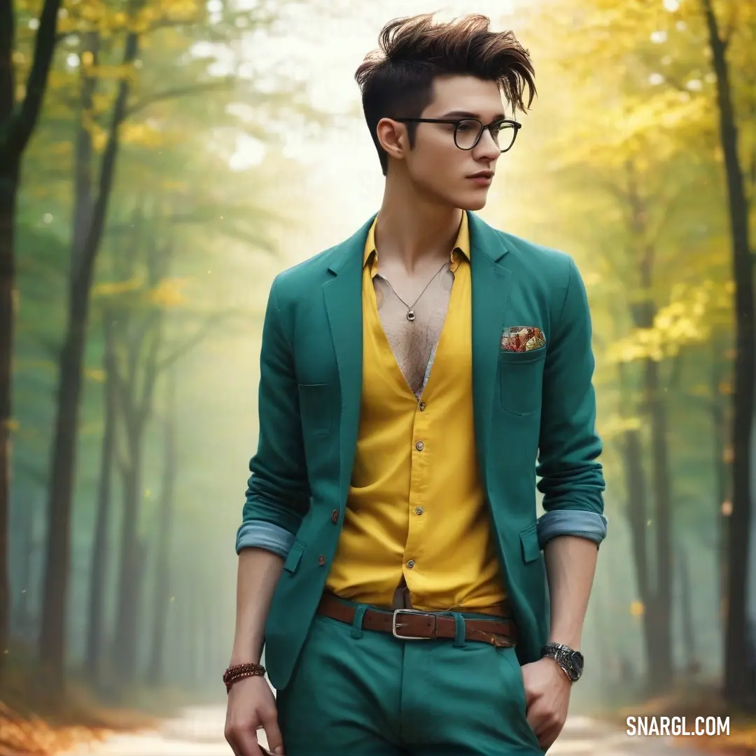 Man in a green suit and yellow shirt is standing in the woods with his hands in his pockets