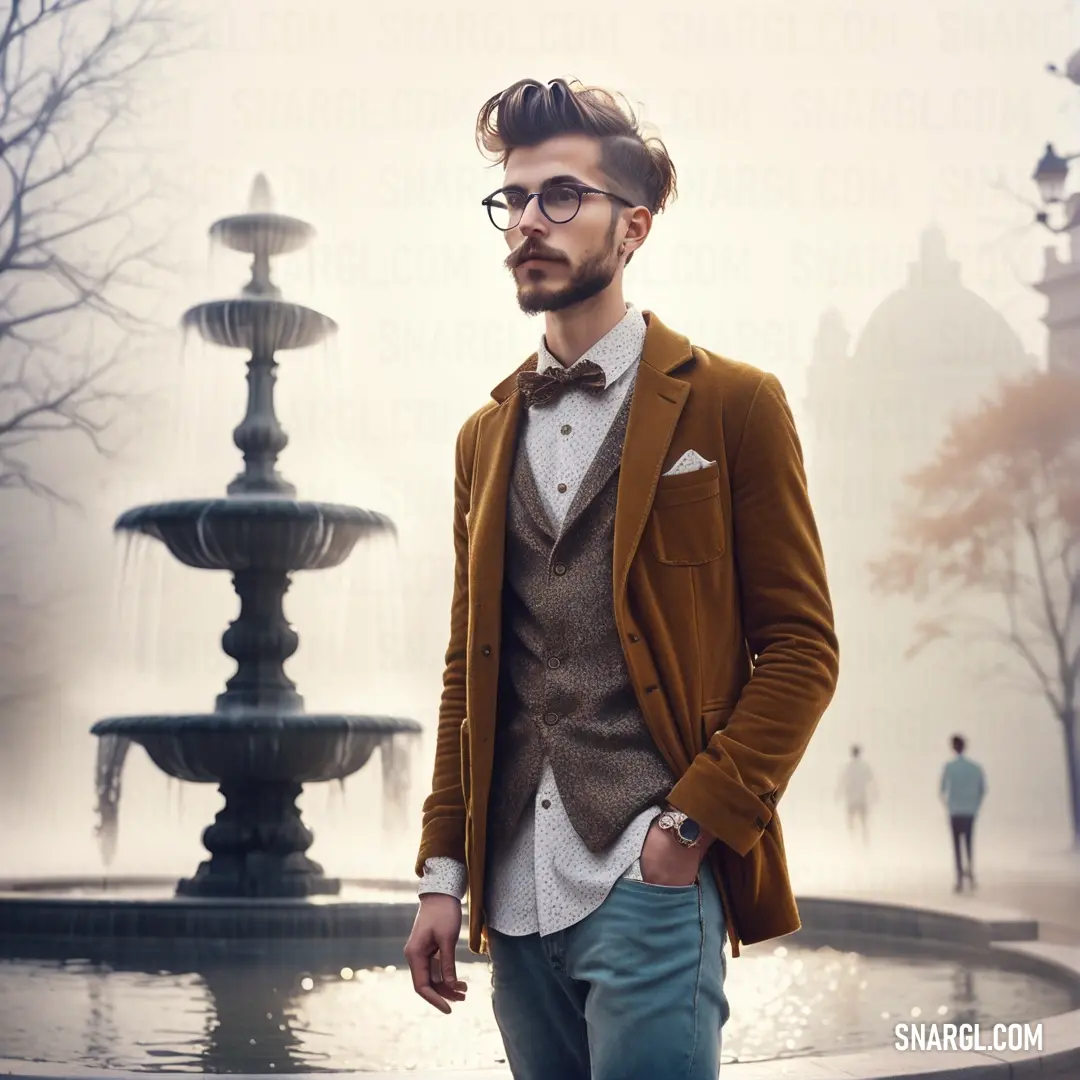 Man in a suit and bow tie standing in front of a fountain
