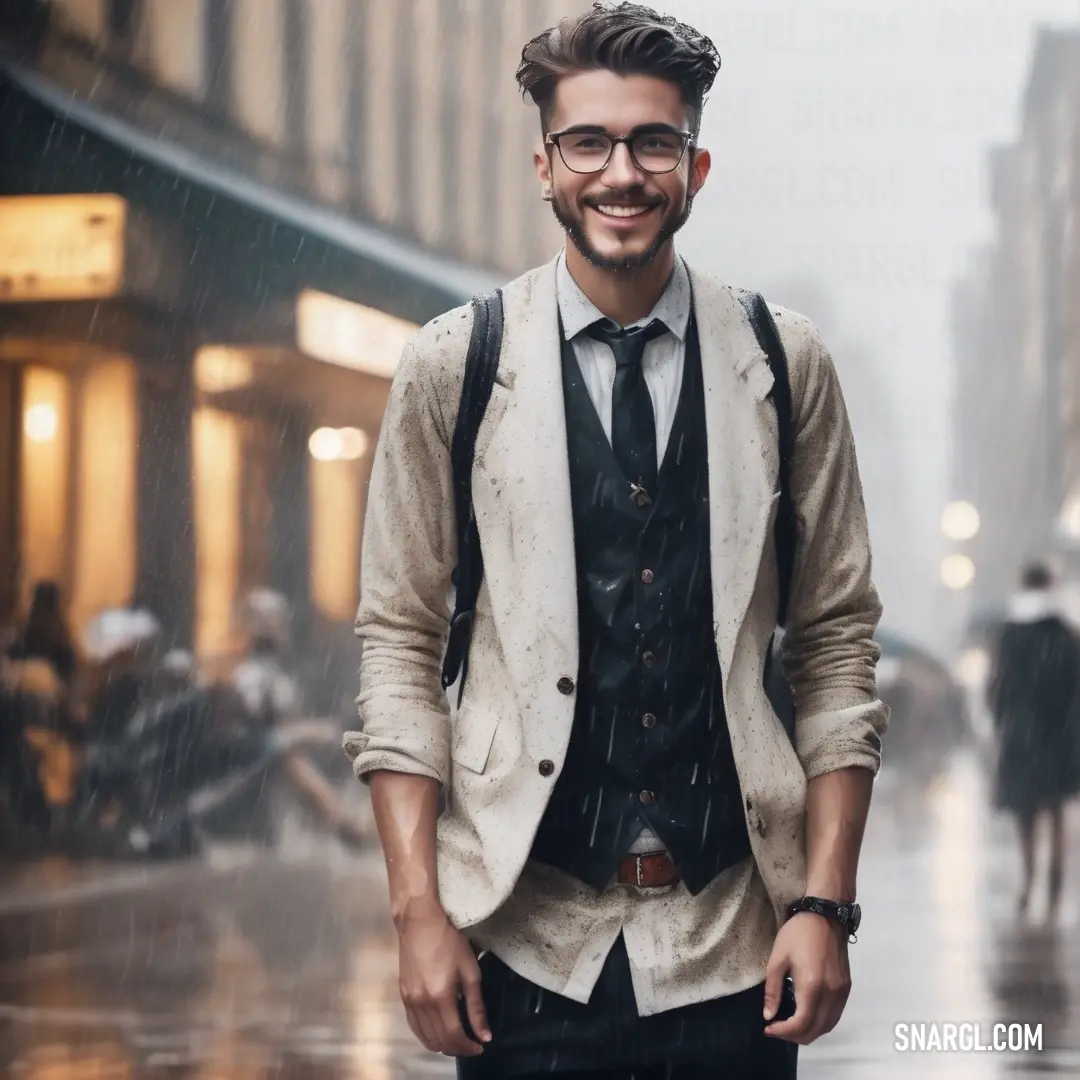 Man in a suit and tie standing in the rain with a backpack on his back and a smile on his face