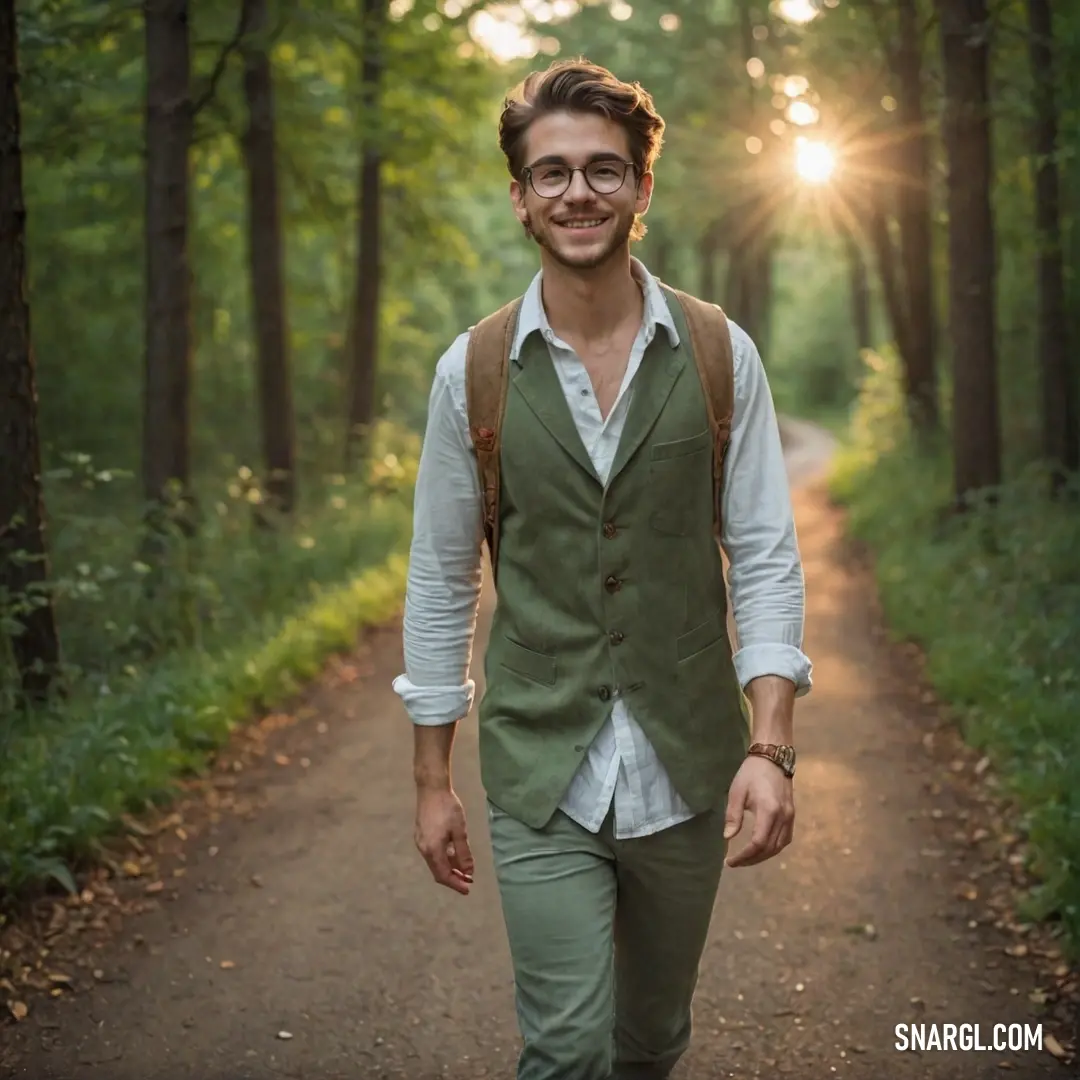 Man in a vest and glasses walking down a path in the woods with the sun shining through the trees