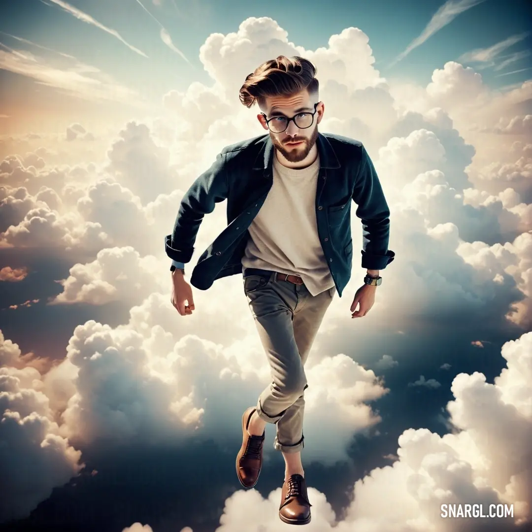 Man in glasses is flying through the clouds with his feet on the ground