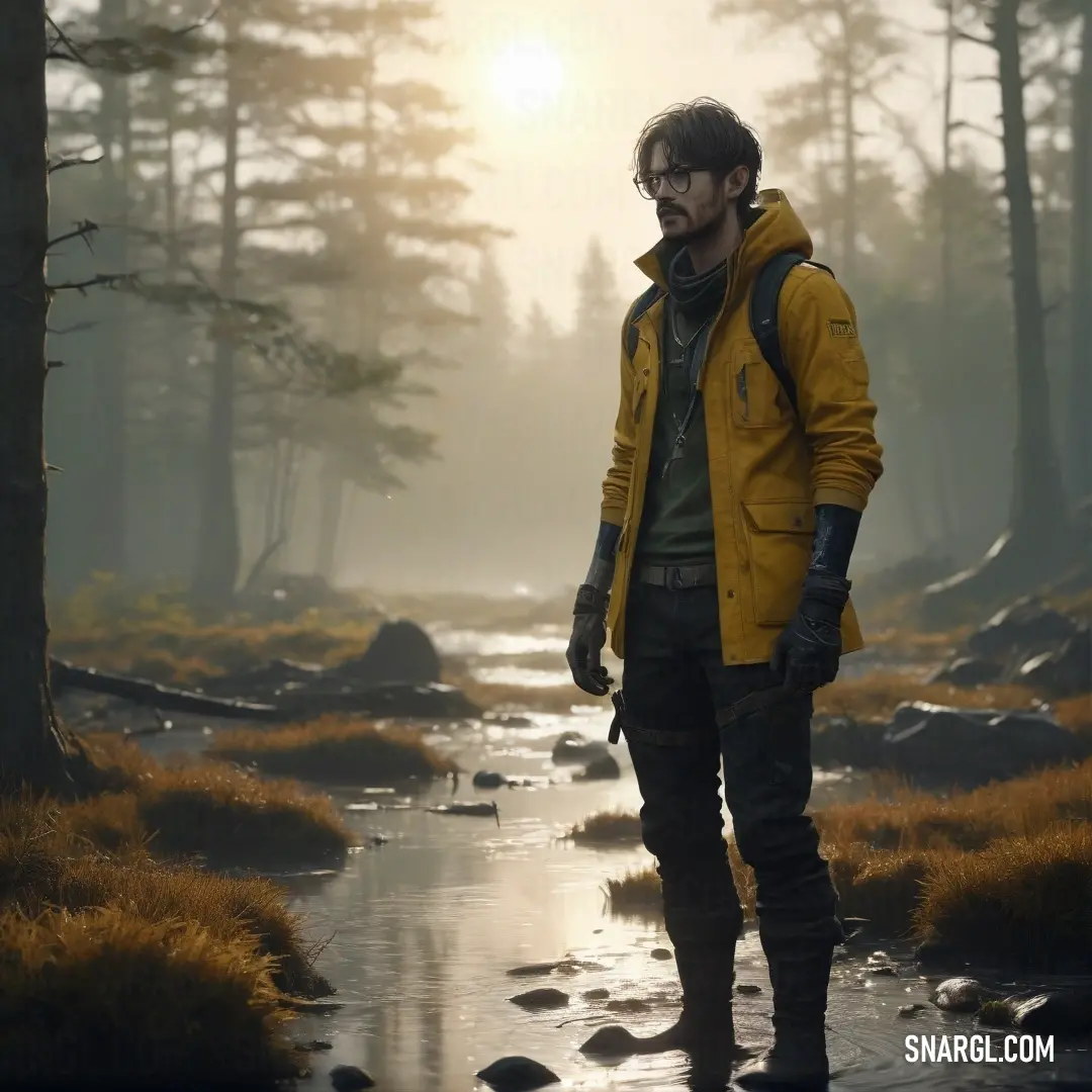 Man standing in a forest with a yellow jacket on and a yellow jacket on