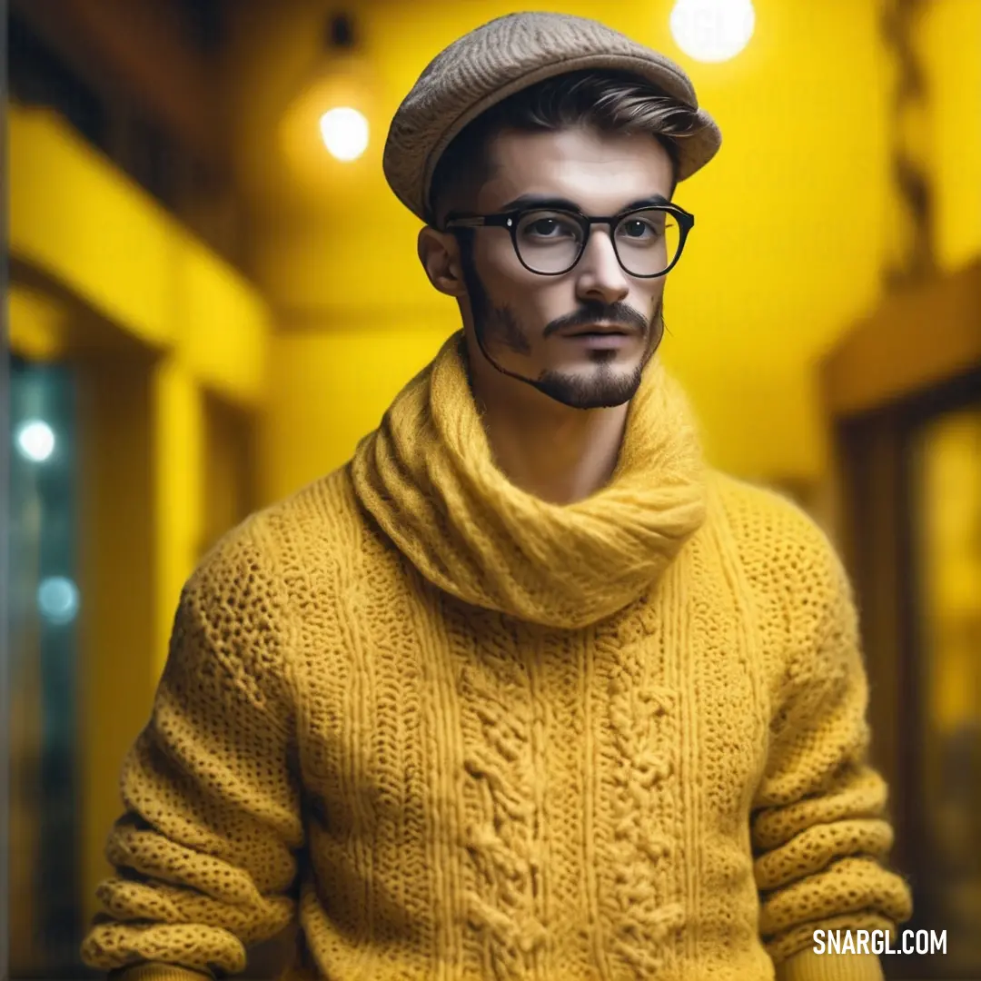 Man wearing a yellow sweater and a hat with glasses and a scarf around his neck is standing in a hallway