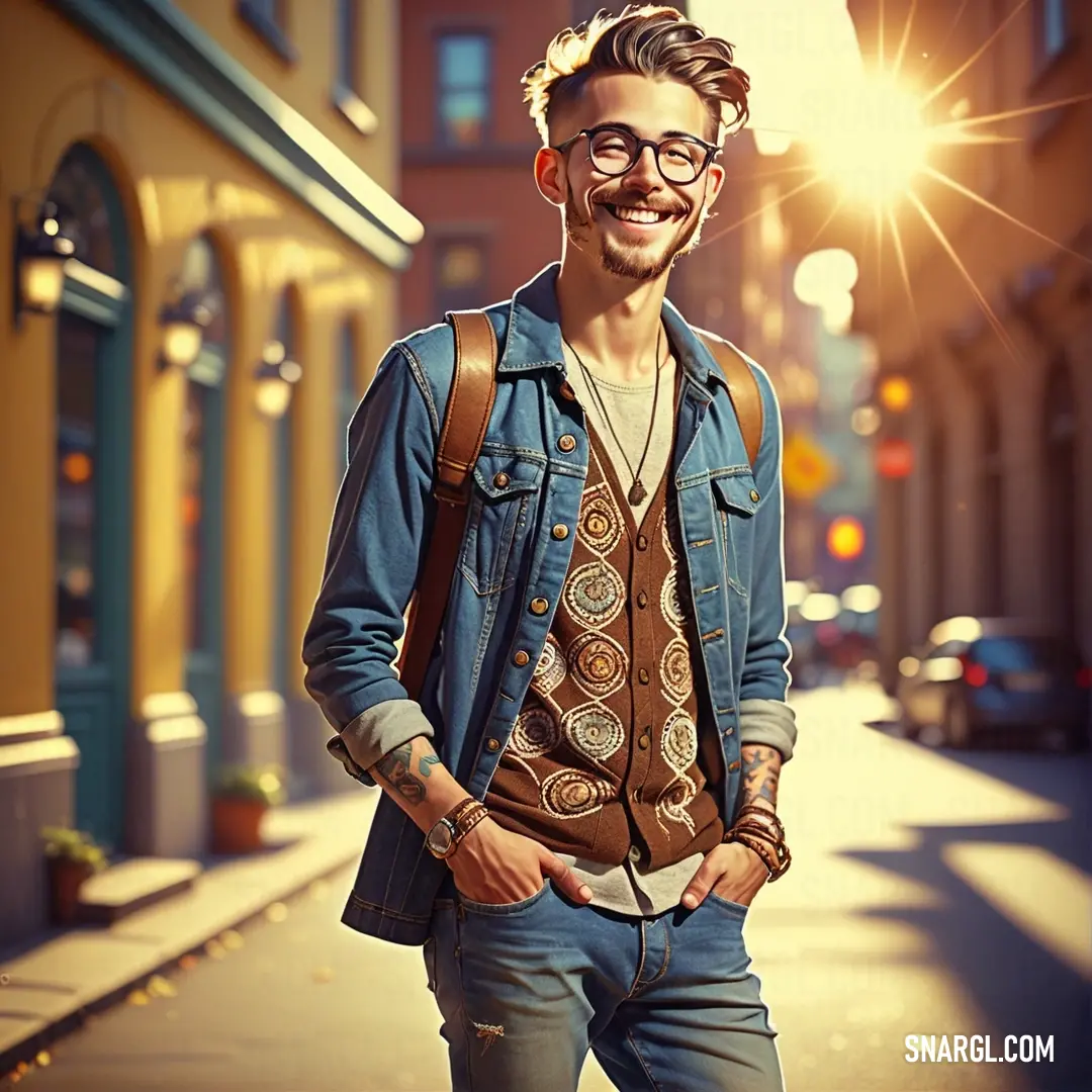 Man with a backpack and glasses standing on a street corner smiling at the camera with his hands in his pockets