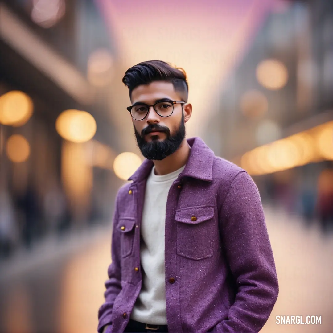 Man with a beard and glasses standing in a street at night with lights in the background and a purple jacket on