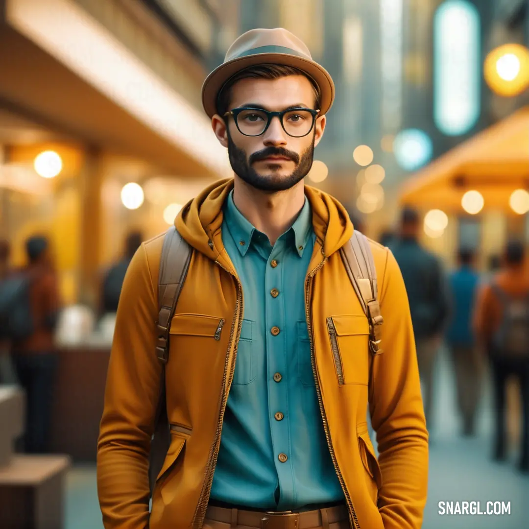 Man with a beard and glasses standing in a mall wearing a hat and a jacket with a backpack