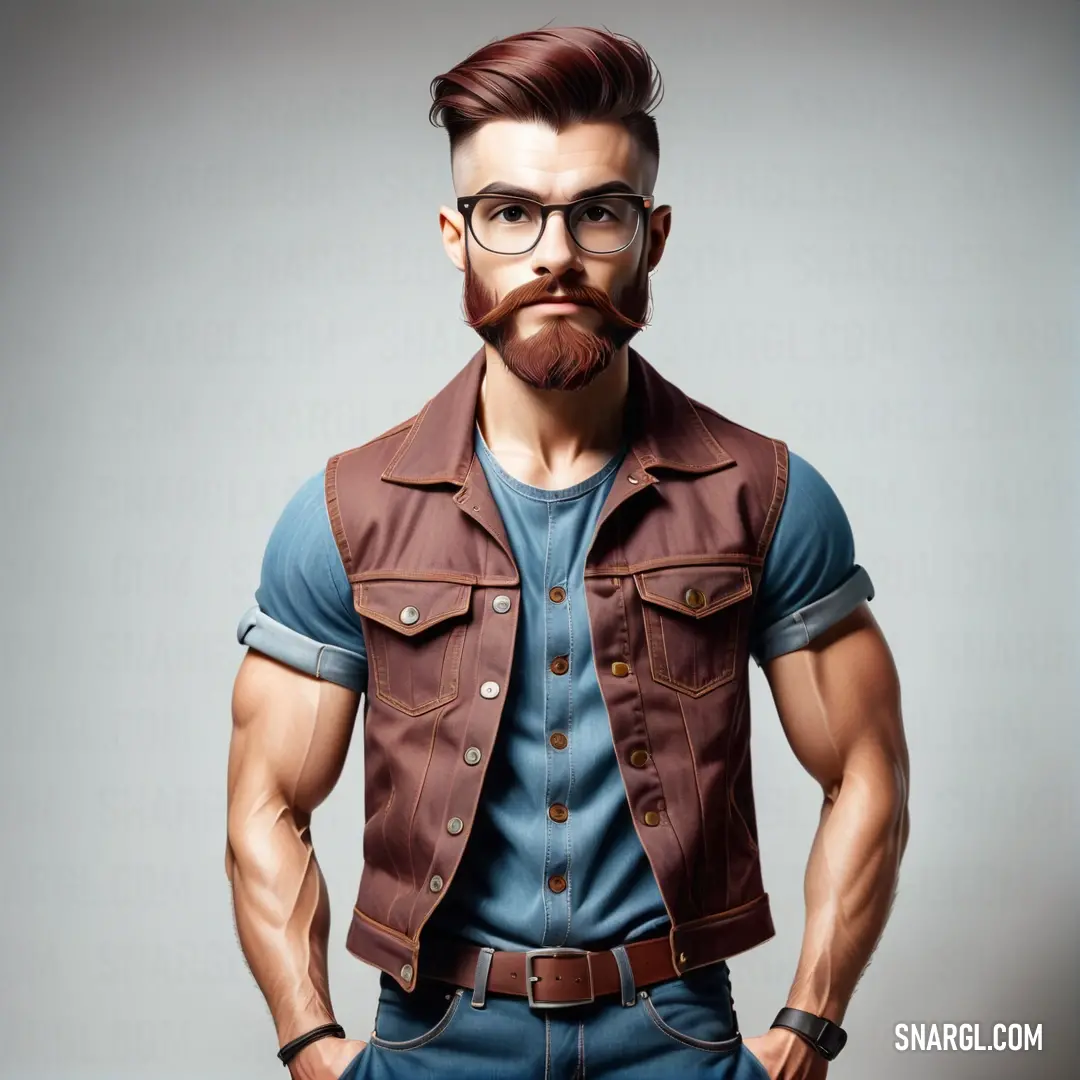 Man with a beard and glasses wearing a brown leather vest and blue shirt