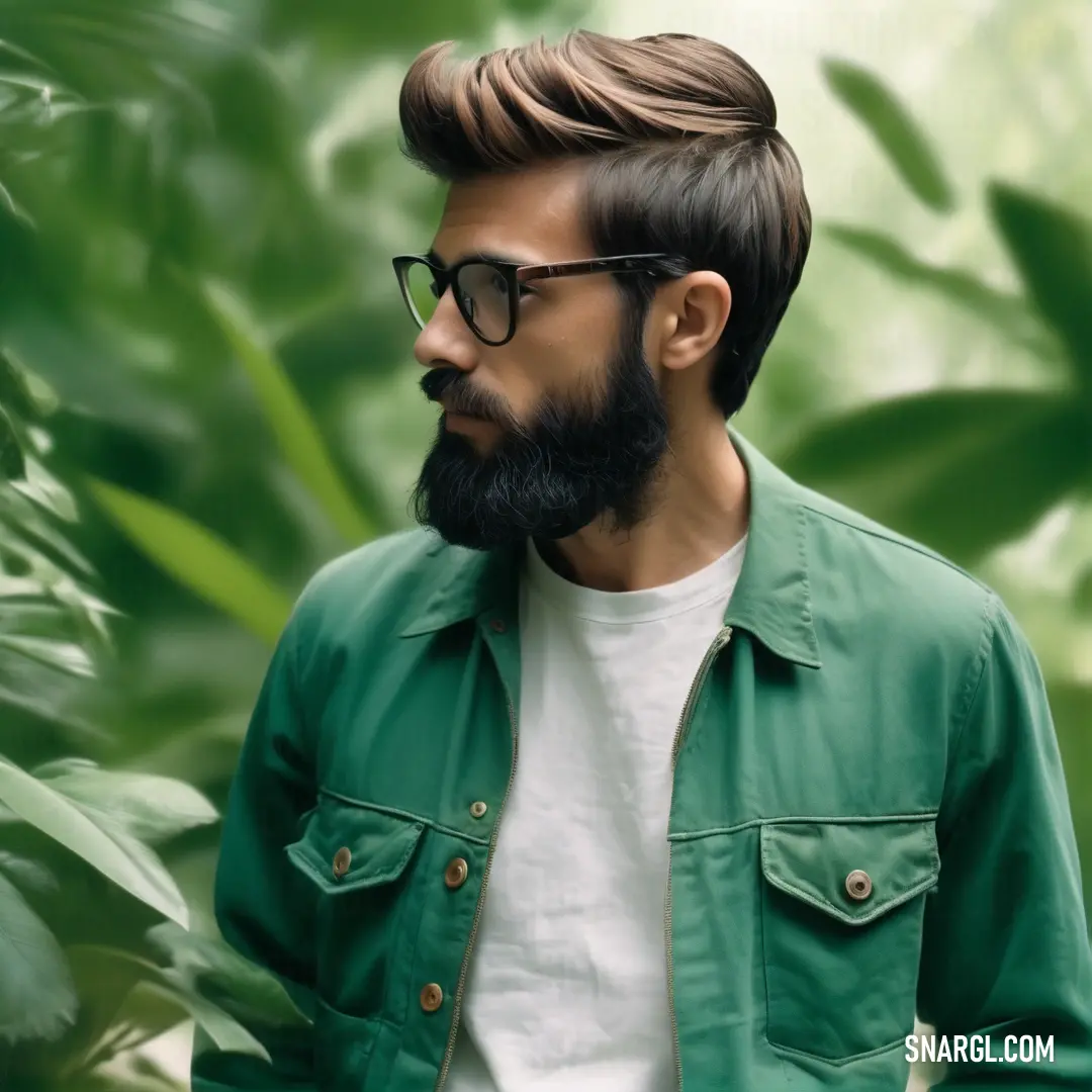 Man with a beard and glasses standing in front of a green plant with leaves on it's sides