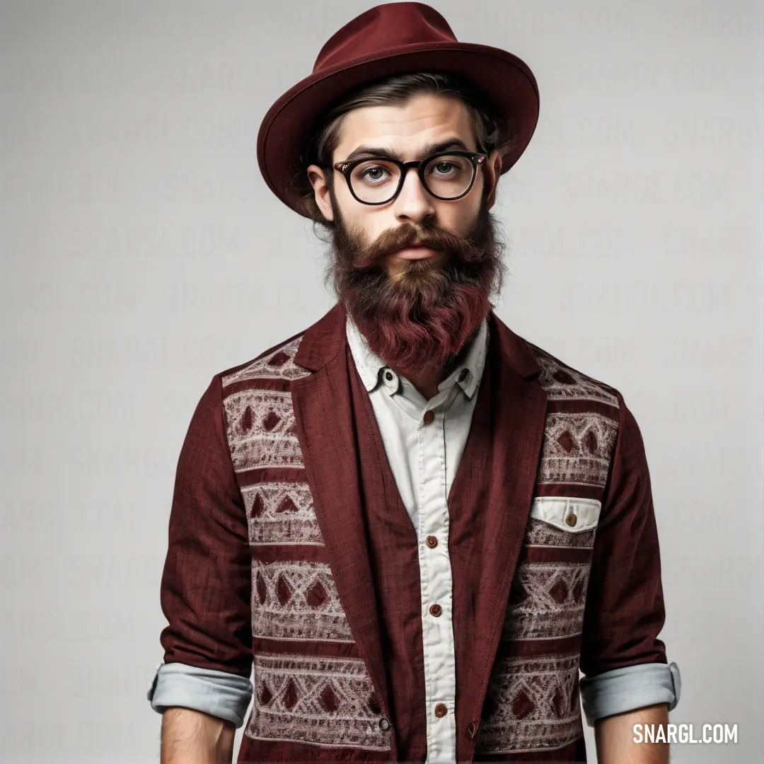 Man with a beard wearing a red hat and a red jacket with a pattern on it and glasses