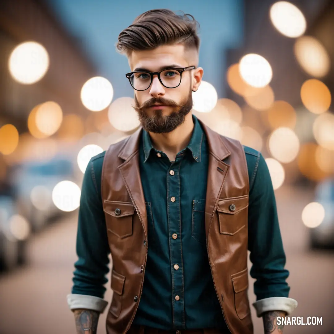 Man with a beard and glasses standing on a street corner with a leather vest on and a green shirt on