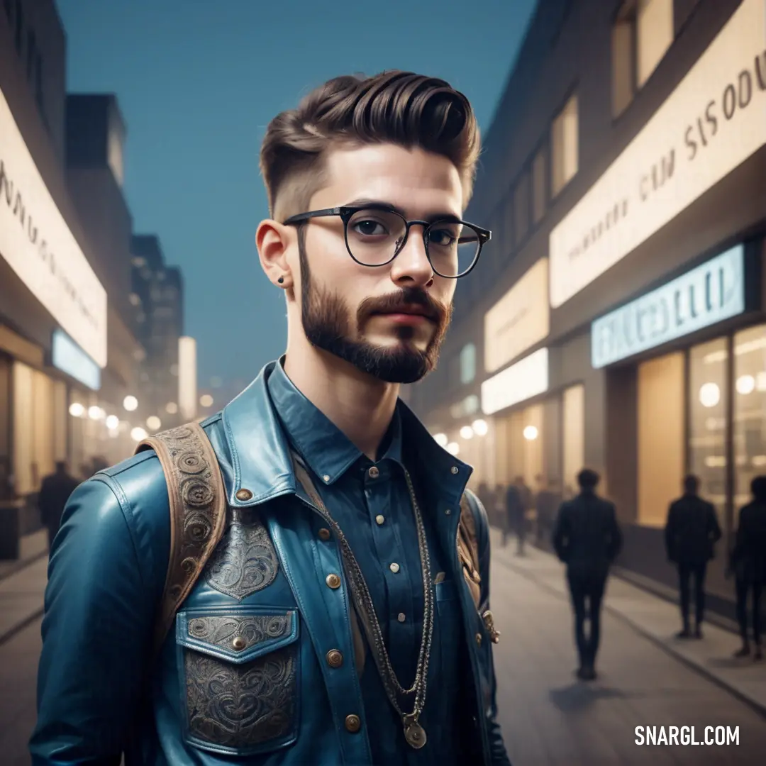 Man with glasses and a beard in a street at night with people walking by and a store front