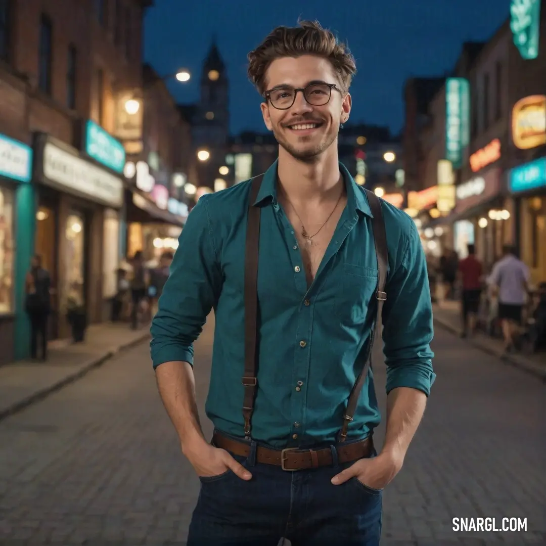 Man with glasses and a green shirt is standing on a street at night with his hands in his pockets