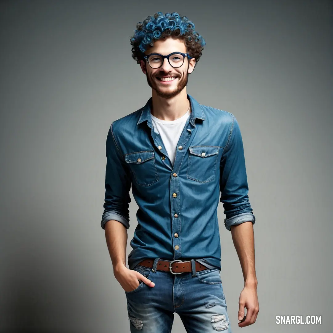 Man with glasses and a blue shirt smiling at the camera with his hands in his pockets