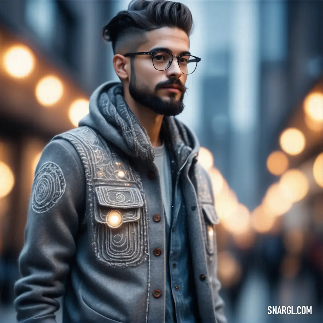 Man with glasses and a beard wearing a jacket and glasses is standing in a street at night with lights