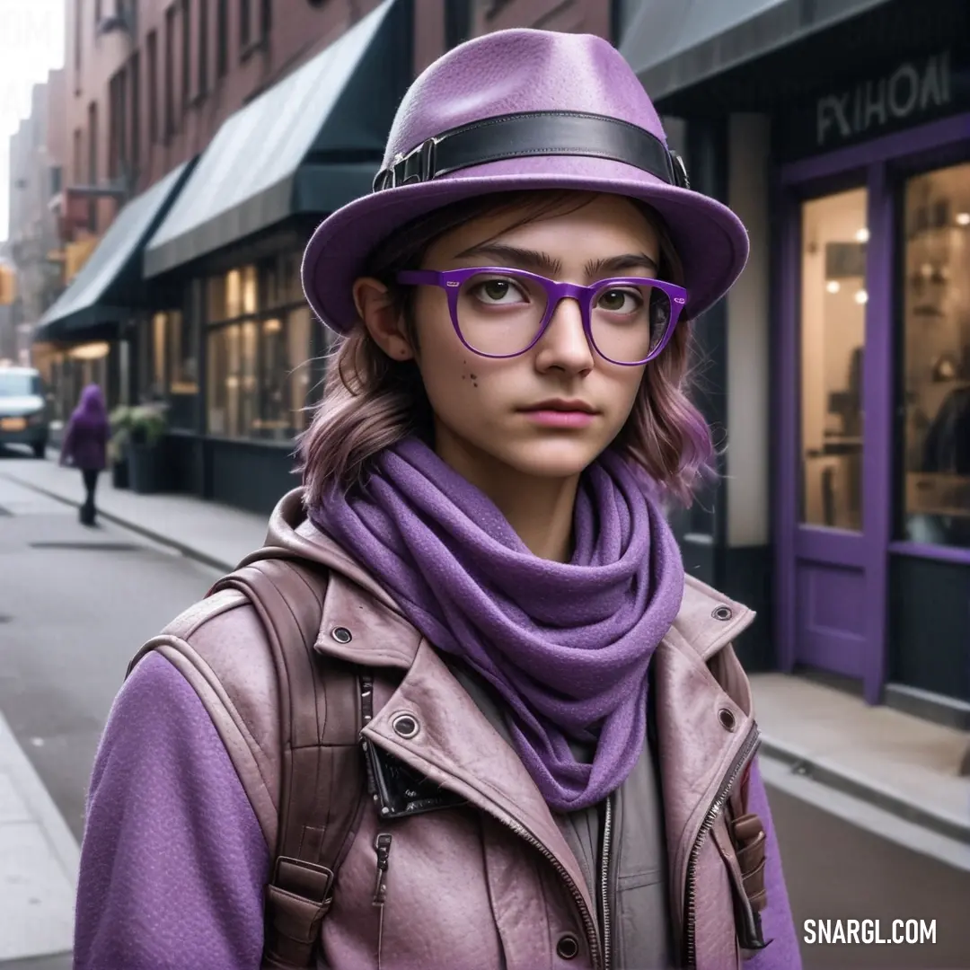 Woman with glasses and a purple hat on a street corner with a purple scarf