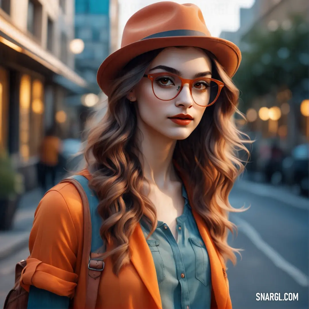 Woman with glasses and a hat on a street corner in a city at night time