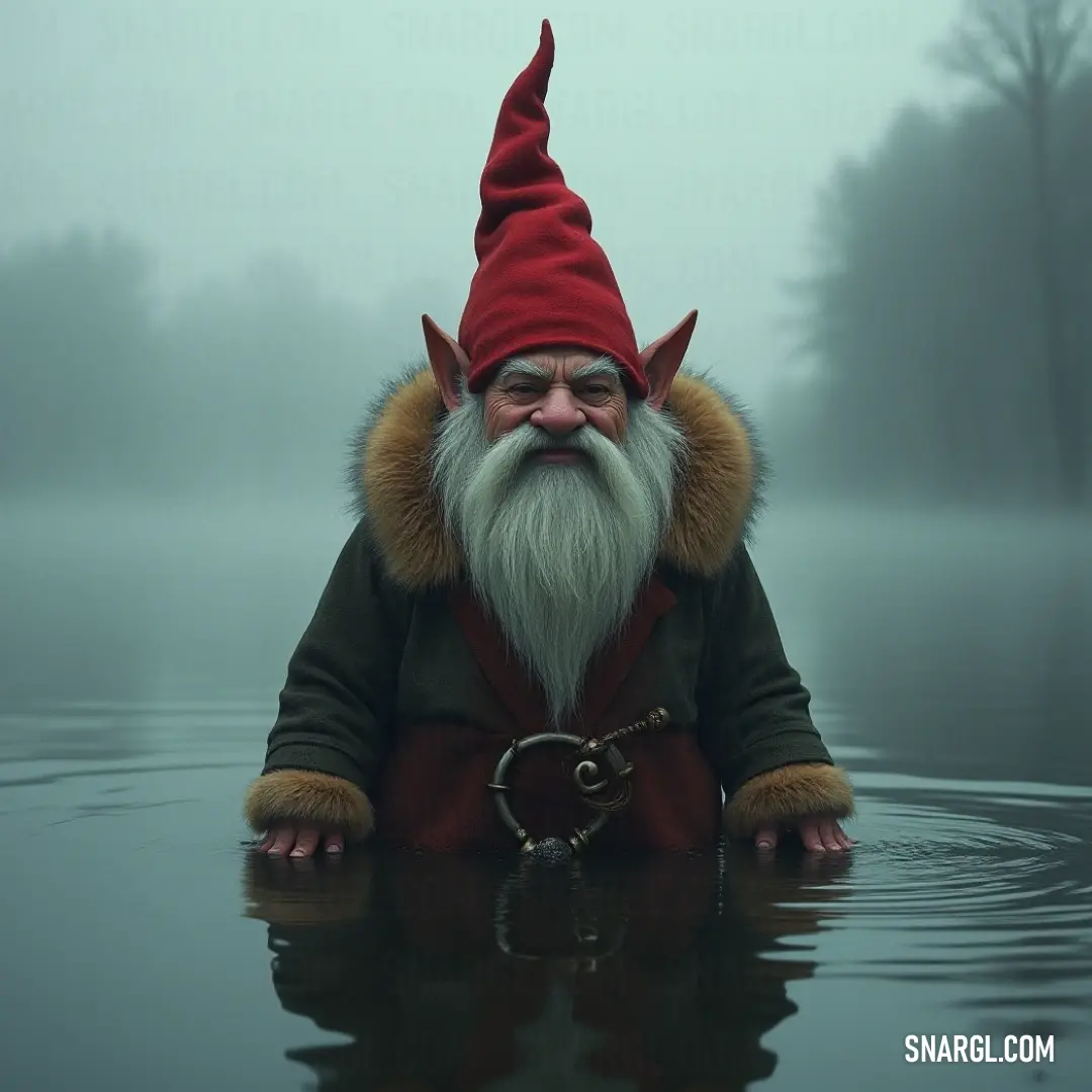 A charismatic character dressed in vivid red emerges from the water, shrouded in a flowing cape and beard, embodying the spirit of adventure and mystery. A vibrant character with a bright red hat and a flowing beard emerges from the water, clad in a striking red cape, eliciting curiosity and wonder as he navigates the realm of nature around him.
