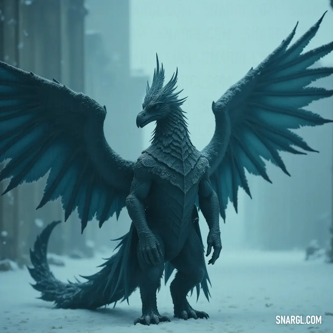 Ho-Oh, with its wings magnificently spread, graces a snow-covered city square, its vibrant colors in stark contrast to the serene white landscape, creating a breathtaking winter scene.