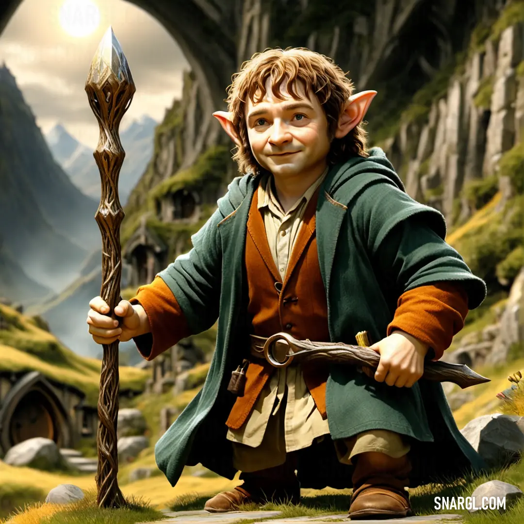 Hobbit holding a giant metal staff in a cave with a mountain in the background