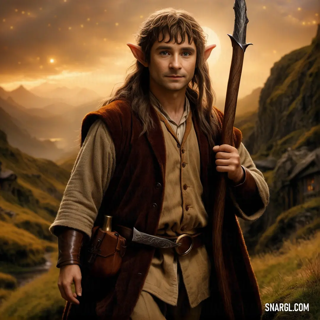 Hobbit holding a staff in a field with mountains in the background and a sky with stars