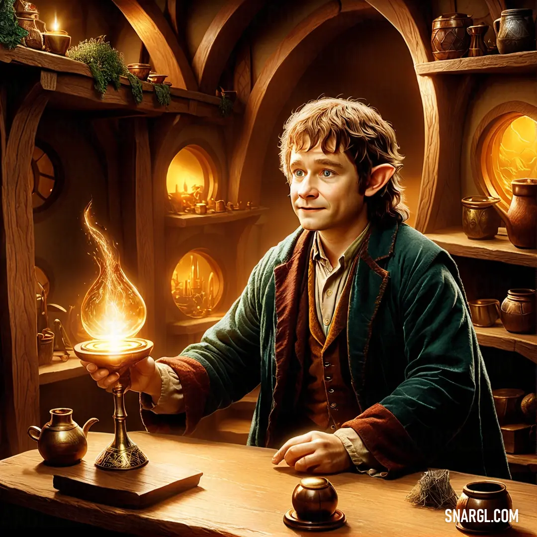 Hobbit holding a lamp in a room with shelves and shelves on both sides of him and a shelf with pots on the other side