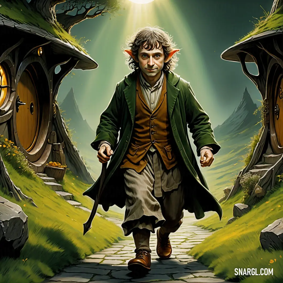 Hobbit in a green coat is walking through a forest with a hobbot door on it's side