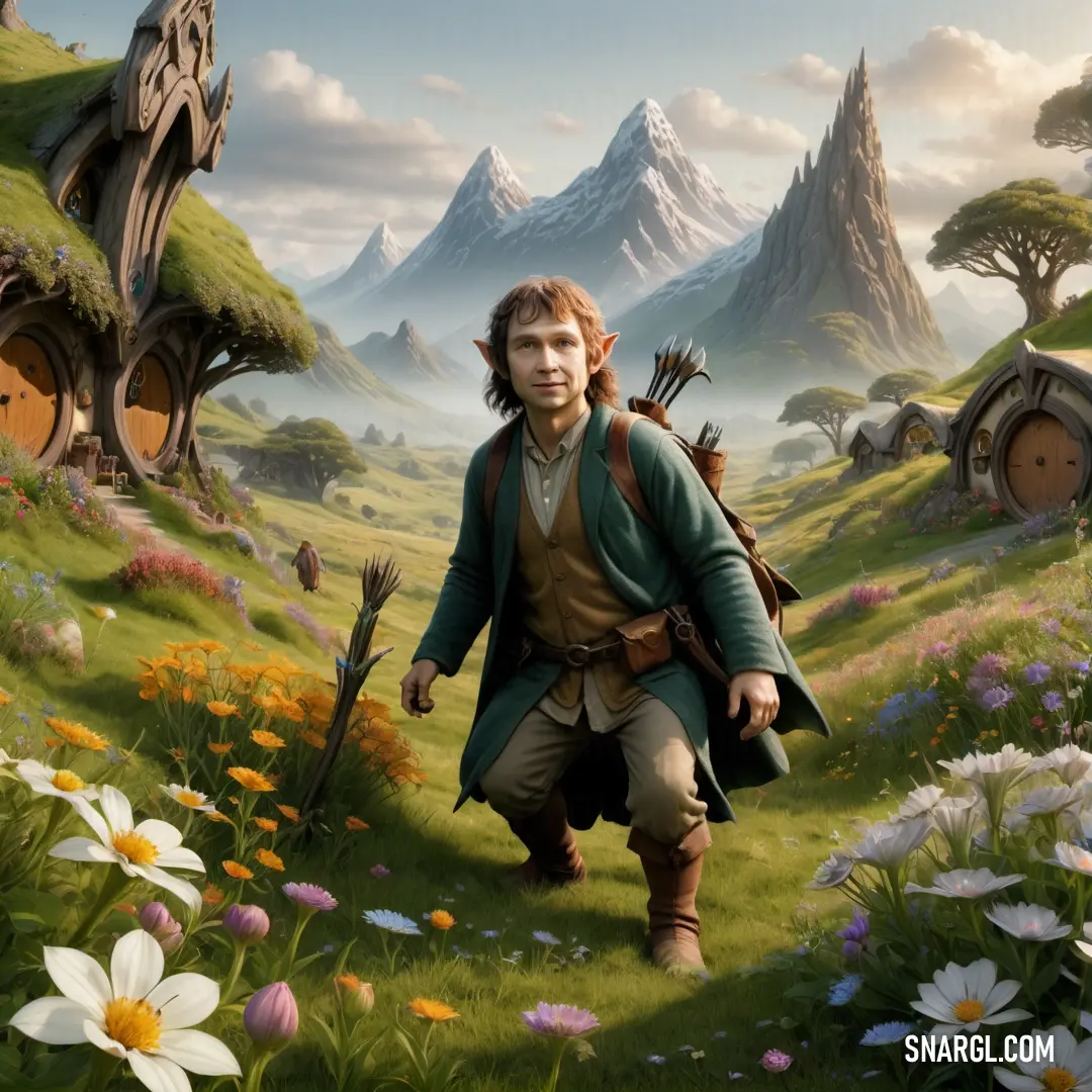 Hobbit in a green coat is walking through a field with flowers and trees in the background and a mountain range in the distance